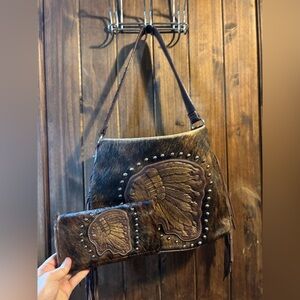 Cowhide Embroidered Brown Shoulder Bag Set